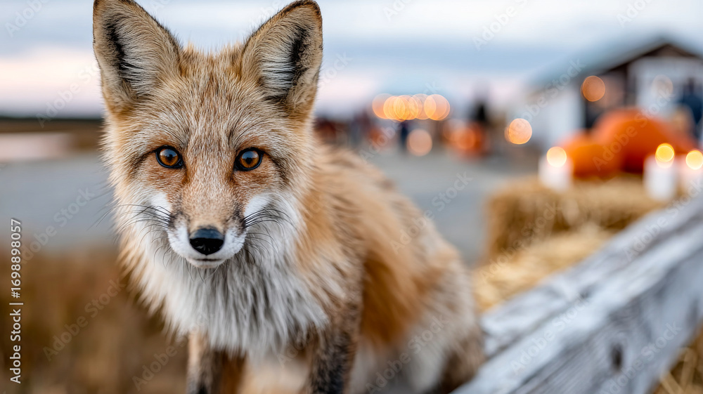 Obraz premium Fox on a fence at sunset. A curious fox gazes at visitors near a farm during sunset, surrounded by pumpkins and autumn decorations.