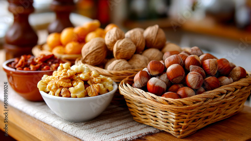 Fototapeta Naklejka Na Ścianę i Meble -  Nuts and dried fruits display. A colorful display of walnuts, hazelnuts, dried apricots, and other fruits is presented on a wooden table.