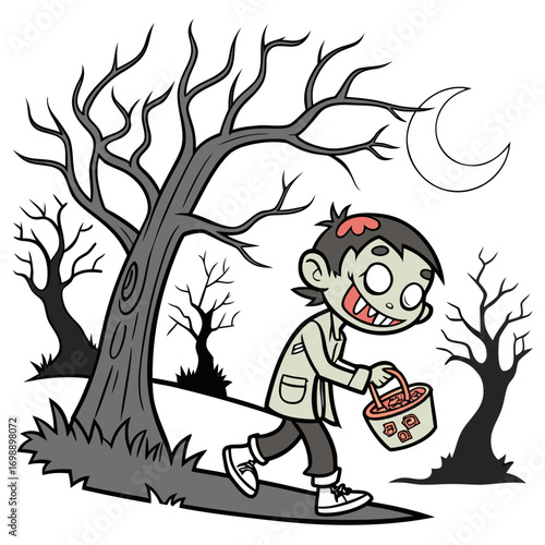 Smiling zombie trying to eat candy instead of brains, standing near spooky trees, Halloween coloring page vector illustration