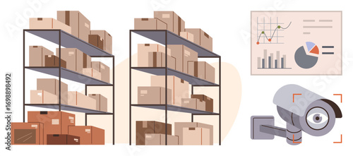 Shelves filled with labeled boxes, a mounted security camera, and a data analytics chart emphasize organization, security, and resource planning. Ideal for logistics, inventory, retail, security