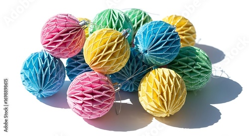A pile of shimmering Christmas ornaments made of origami paper, intricate folds and bright pastel hues, laid out casually on a bright white background, delicate shadows, high detail.