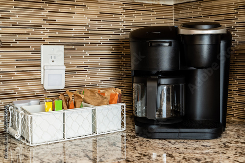 Coffee maker pot single serve pod caddy tile backsplash