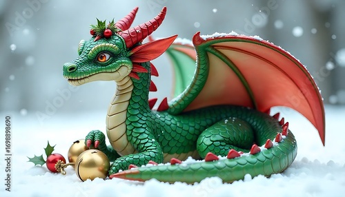 A fantasy Christmas dragon with emerald green and ruby red scales, wearing a wreath like a crown, curled protectively around golden bells, blazing eyes, isolated on a white background.
