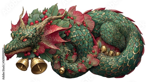 A fantasy Christmas dragon with emerald green and ruby red scales, wearing a wreath like a crown, curled protectively around golden bells, blazing eyes, isolated on a white background.