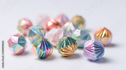 A pile of shimmering Christmas ornaments made of origami paper, intricate folds and bright pastel hues, laid out casually on a bright white background, delicate shadows, high detail.