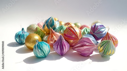 A pile of shimmering Christmas ornaments made of origami paper, intricate folds and bright pastel hues, laid out casually on a bright white background, delicate shadows, high detail.