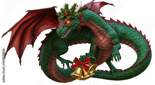 A fantasy Christmas dragon with emerald green and ruby red scales, wearing a wreath like a crown, curled protectively around golden bells, blazing eyes, isolated on a white background.
