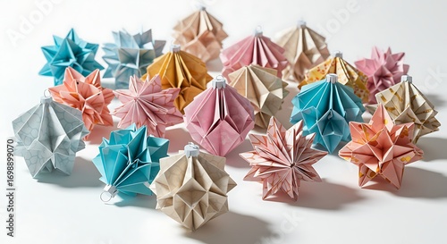 A pile of shimmering Christmas ornaments made of origami paper, intricate folds and bright pastel hues, laid out casually on a bright white background, delicate shadows, high detail.