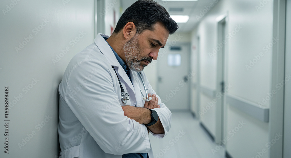Fototapeta premium Exhausted Doctor Leaning Against Wall in Hospital Corridor