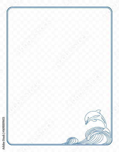 Square frame with a beautiful dolphin on a wave on a transparent background. Suitable for postcards, invitations, notepads, notebooks and posters. Vector illustration.