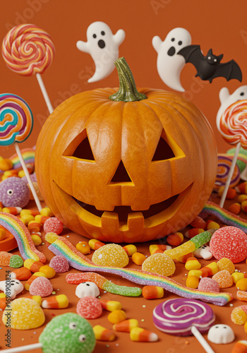 Halloween Pumpkin with Candy, Ghosts, and Bat on Orange Background.