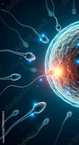 Sperm cells fertilizing egg cell, conception beginning, microscopic view, science biology concept