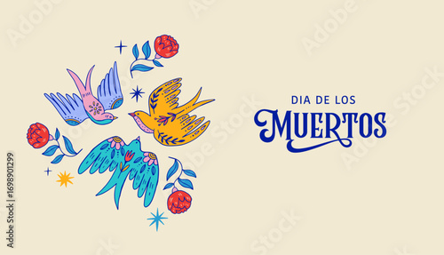 Dia de los muertos, Day of the dead, Mexican holiday, festival. Hand drawn vector poster, banner and card in modern doodle, art style, with skulls, birds, guitar and flowers