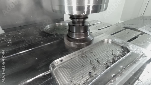 Close-up of face milling process using CNC machine on aluminum plate. Precision machining in modern industrial environment. Metal cutting with rotating tool.