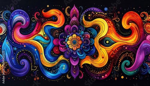 Vibrant abstract design with swirling patterns and floral motifs