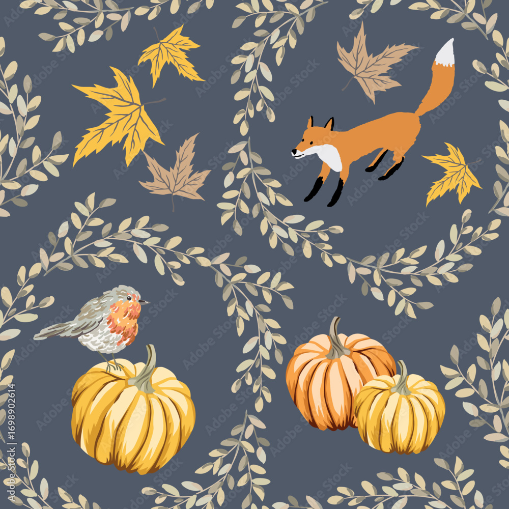 Fototapeta premium Autumn yellow pumpkins, fox animal, robin bird, maple leaves, twigs wreath, brown background. Vector seamless pattern. Fall season illustration. Forest and garden nature design
