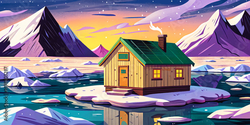 Floating cabin on Arctic ice, small wooden shelter surrounded by frozen sea, extreme wilderness landscape