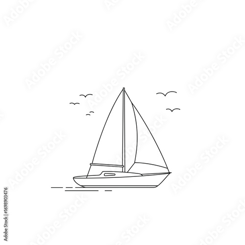 Simple line art sailboat sailing on calm waters with birds  