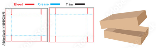 Lid and Base Box Packaging Die Cut Template with Bleed, Crease, and Trim Line  Vector Dieline with 3D Mockup