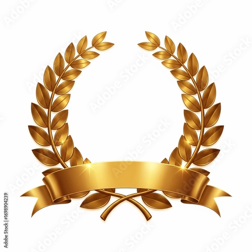 Stunning golden laurel wreath with satin ribbon award symbol for achievement and victory