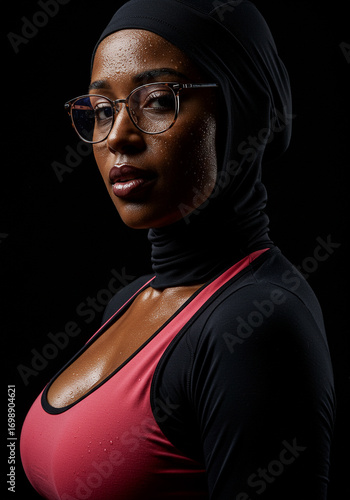 Sweaty African Woman in Hijab and Glasses on Black Background