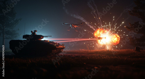 Tank firing laser beams at drone, explosion in night scene.