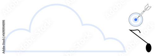 Big fluffy cloud outline paired with a target hit by an arrow and musical note. Ideal for creativity, communication, cloud storage, data, music, precision, goals. Simplistic flat metaphor