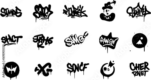 Urban graffiti spray paint icon set in street art style and gritty grunge texture for dynamic designs.
