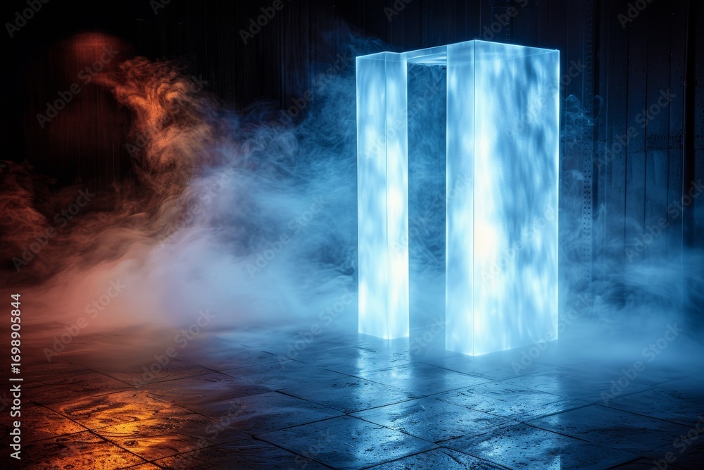 Obraz premium Illuminated glass structure amidst swirling fog in a dimly lit urban space at night