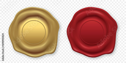Vector 3d Realistic Wax Seal Set, Isolated. Red, Gold Vintage Wax Stamp. Antique Sealing Wax Emblem. Retro Envelope Closure. Classic Heraldic Insignia. Wax Badge for Invitation, Certificate