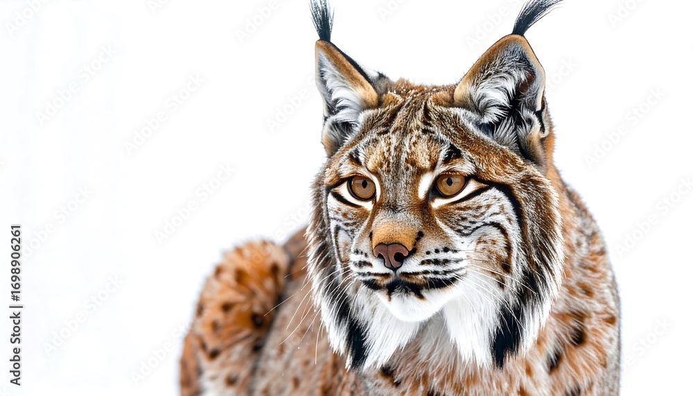 Fototapeta premium Close-up portrait of a lynx, showcasing its intricate coat patterns and intense gaze against a stark white background.