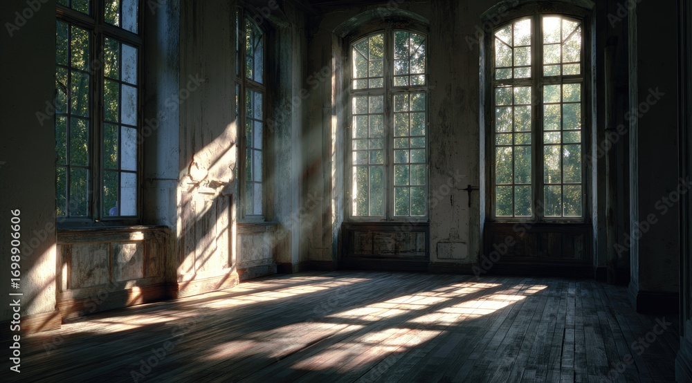 Fototapeta premium Sun-drenched interior of an abandoned hall