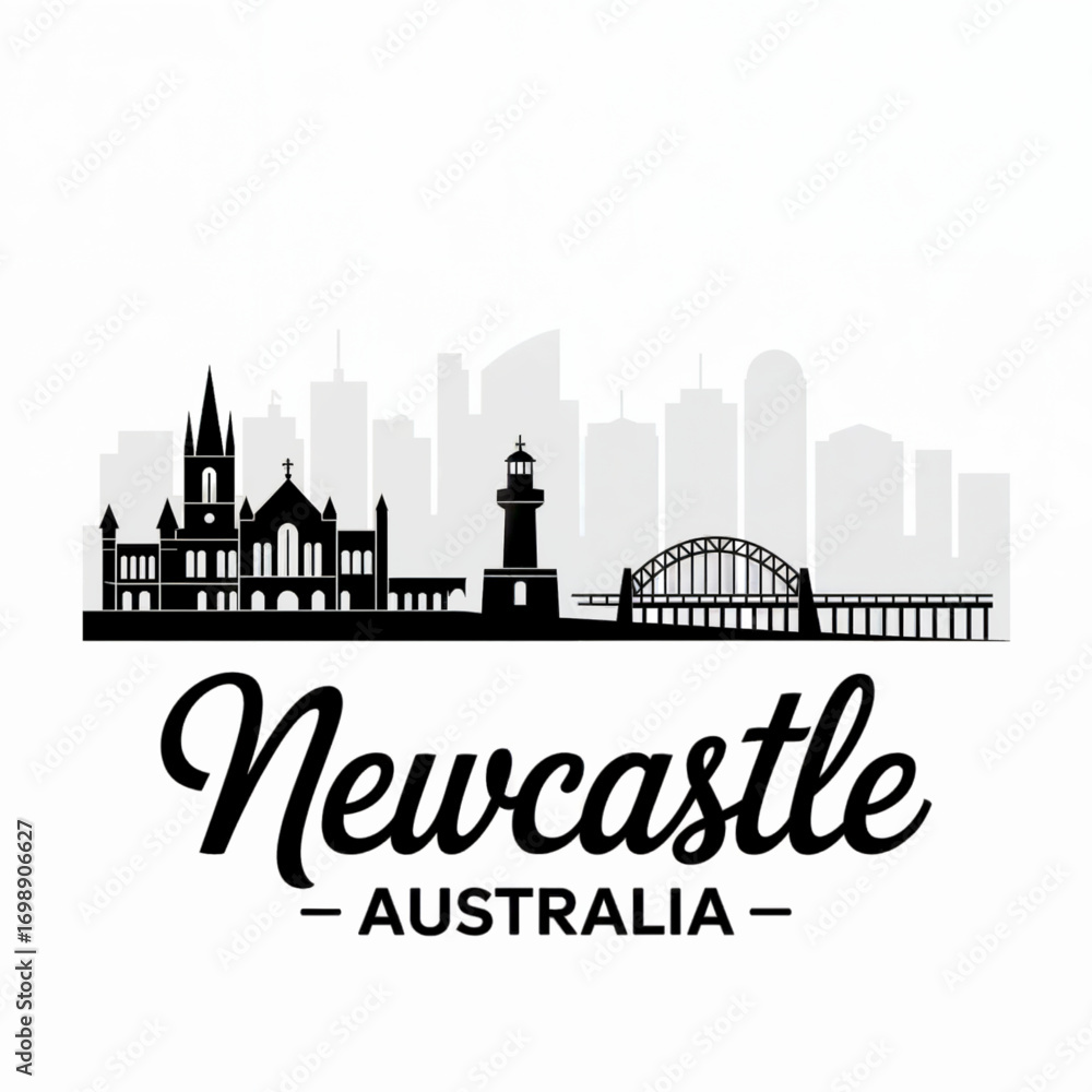 Naklejka premium Newcastle Australia Skyline Silhouette — A Historic Coastal City in New South Wales Vector Illustration