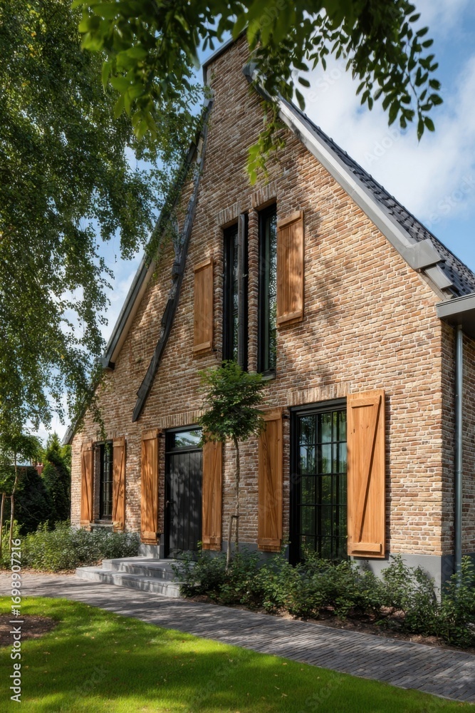 Fototapeta premium Beautifully designed modern brick house featuring wooden shutters amidst lush greenery on a sunny day in a tranquil suburban area