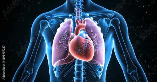 Anatomical illustration of the human heart and lungs in the chest cavity.