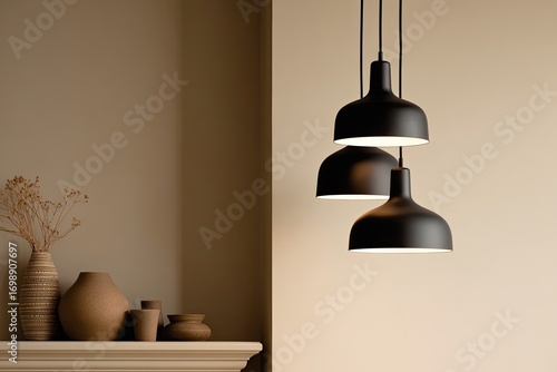 Three black pendant lamps hang from a beige wall.  Earthy-toned pottery sits on a shelf below