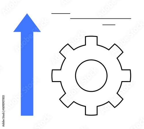 Blue upward arrow with a black gear symbolizing progress, innovation, development, and operational efficiency. Ideal for growth, success, productivity, strategy, teamwork engineering