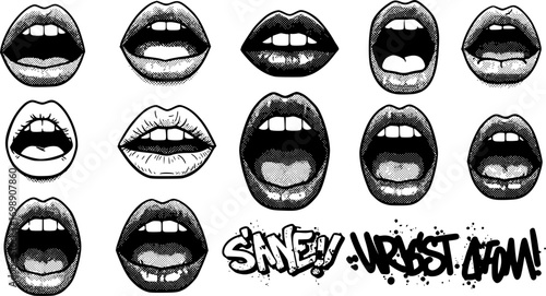 Opened woman lips as retro halftone collage elements for mixed media design. Mouth in scream in halftone texture, dotted pop art style. Vector illustration of vintage grunge punk crazy art templates. 
