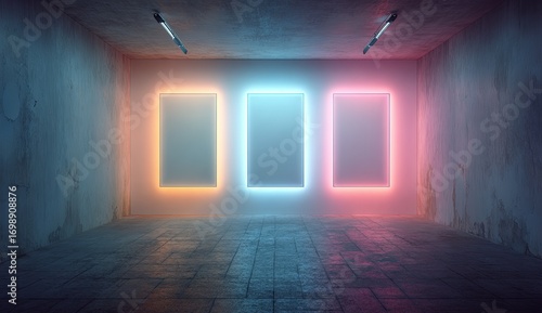 Empty room with neon-lit rectangular displays