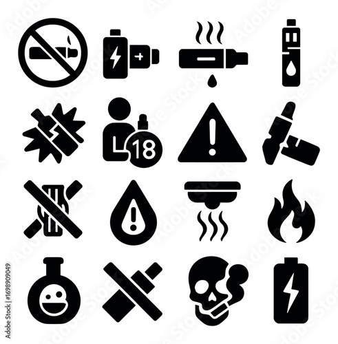 Vaping and smoking safety silhouette icon set. no smoking, age restriction, fire, toxic, battery
