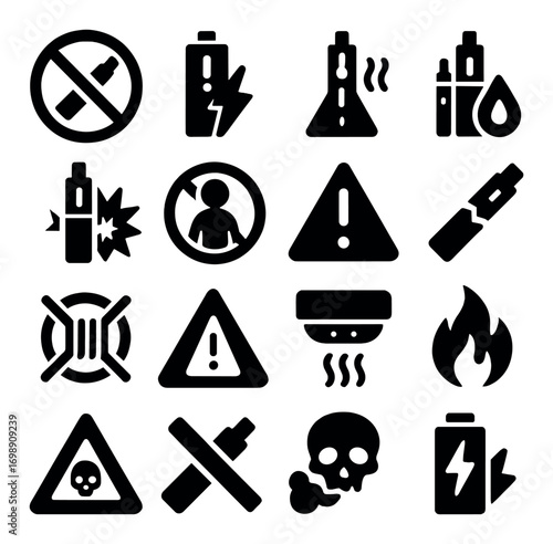 Vape safety silhouette icon set. featuring hazard, warning, battery, fire, and chemical symbols