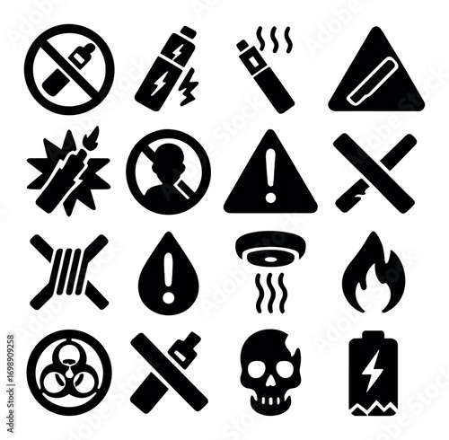 Vaping risks silhouette icon set. featuring no vaping, e-cigarette, battery danger, explosion, caution, and toxic symbols