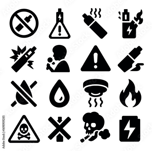 Vaping and safety icon set. featuring no smoking, warning, battery, smoke, skull, and fire hazard symbols