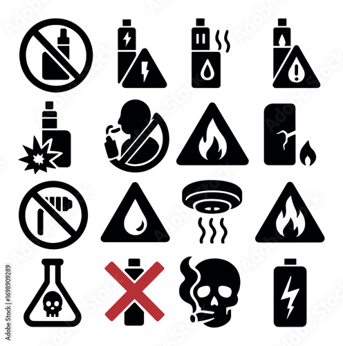 Vaping dangers silhouette icons set. featuring e-cigarette, explosion, fire hazard, poison, and warning symbols
