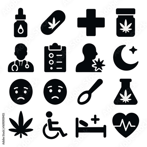 Healthcare and cannabis silhouette icon set. featuring doctor, medicine, prescription, wheelchair, and wellness symbols