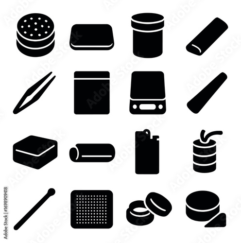 Makeup and skincare silhouette icon set. featuring powder, cream, jar, brush, tweezers, and compact symbols