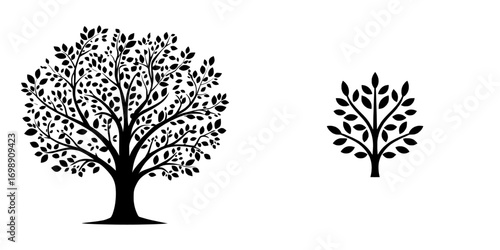 A stylized illustration of a lush, full tree in stark black and white evokes feelings of growth, strength, and nature's resilience