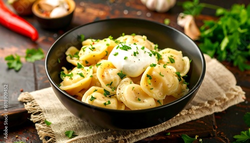 Dumplings topped with sour cream and parsley, in a black bowl