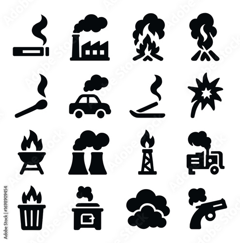 Pollution and fire silhouette icons set. featuring cigarette, factory, campfire, match, and grill