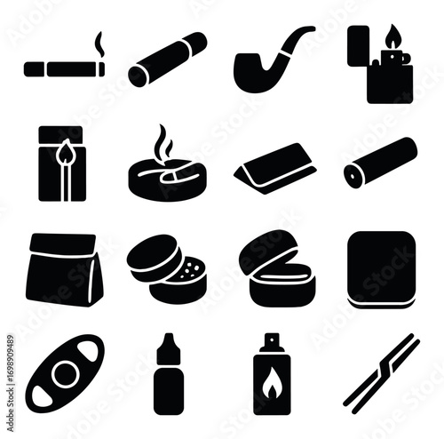 Smoking products silhouette icon set. featuring cigarette, cigar, pipe, lighter, ashtray, matches, pouch